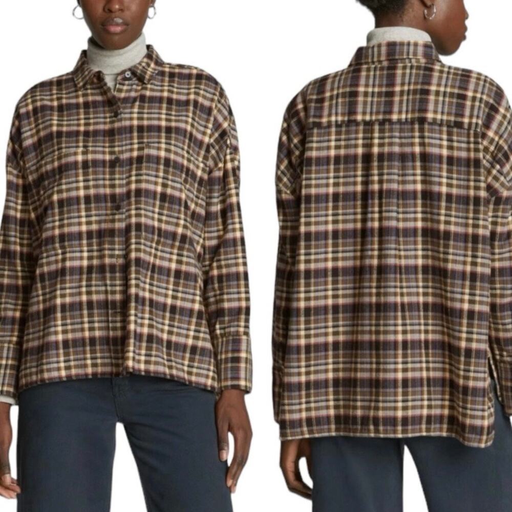 Everlane‎ The Boxy Flannel Button Down Womens LARGE Brown Plaid Casual Workwear